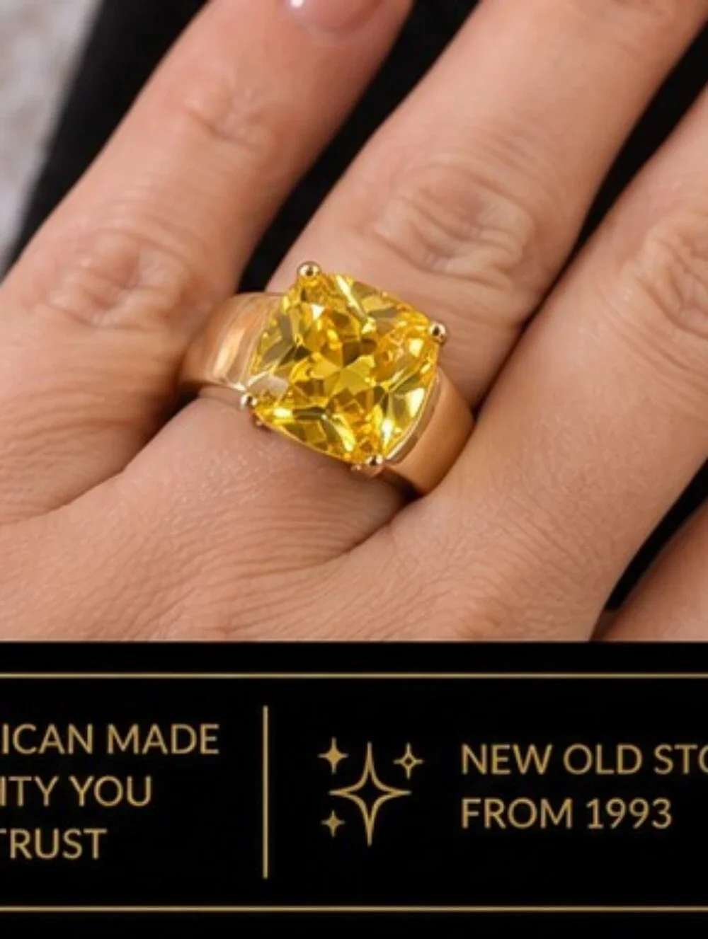 Vintage 1993 AAA+ Yellow CZ Cushion Cut 18K Gold Plated Ring Size 8 NOS